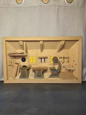 Vintage 3D Wooden Diorama Shadow Box Handcrafted "Dad's Workshop" Carpenter Scen